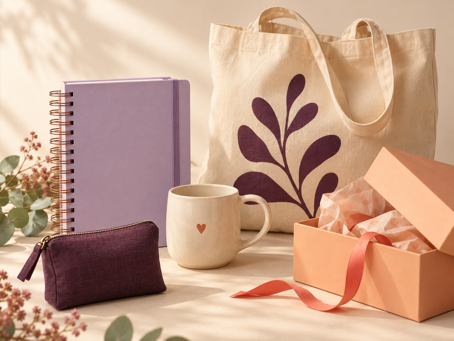 Produtos ilustrativos para um kit de presentes corporativos