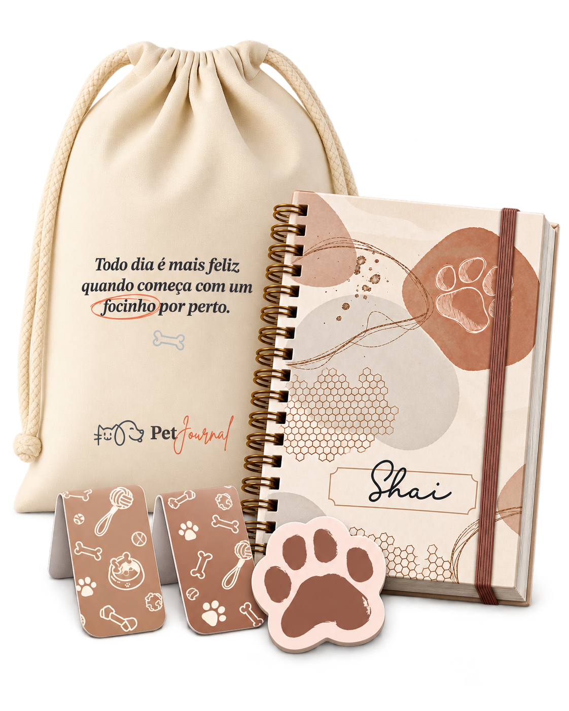 Mockup do kit Pet Journal com papelaria e sacola de algodão